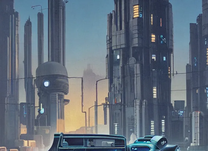 Prompt: a car driving down a street next to tall robot the night, cyberpunk art by Chesley Bonestell, cgsociety, retrofuturism, matte painting, reimagined by industrial light and magic