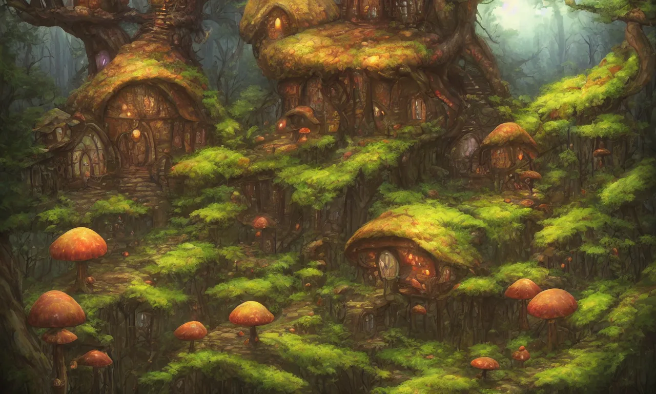 Prompt: Fabulous magic mushroom house in the forest, trending on artstation, 30mm, by Noah Bradley