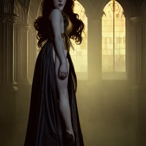 Image similar to mary elizabeth winstead as a vampire in a gothic cathedral at night, gloomy, horror photography by artgerm and alphonse mucha and ross tran and greg rutkowski.