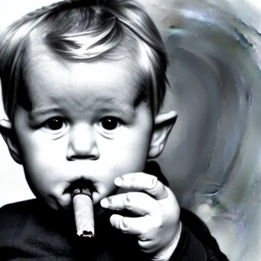 Image similar to david lynch as a baby smoking a cigar h 6 4 0