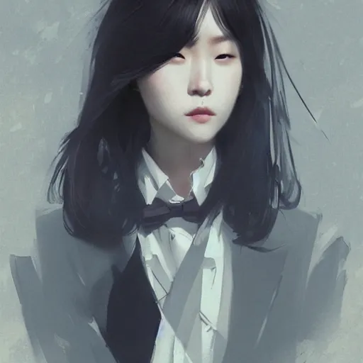 Image similar to portrait of a beautiful korean girl wearing a men's tuxedo, with bangs, very long hair and bangs, angular features, angry expression, dramatic lighting, illustration by Greg rutkowski, yoji shinkawa, 4k, digital art, concept art, trending on artstation