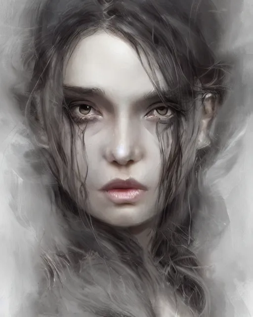 Prompt: portrait of demon girl with long hair by artgerm, dreamy and ethereal, expressive pose, big black eyes, exciting expression, fantasy, intricate, elegant, dark and moody smoke, highly detailed, digital painting, artstation, concept art, smooth, sharp focus, illustration, art by bastien lecouffe deharme and greg rutkowski