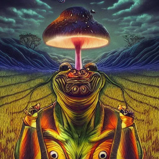 Image similar to A centered chest up portrait of a scary psychedelic godlike anthropomorphic frog smoking tobacco , magic mushroom village in background . award winning. superb resolution. in the art style of junji Ito and greg rutkowski . Detailed Mushroom city in background. Hyper realistic anime. Perfect art. Dalle2
