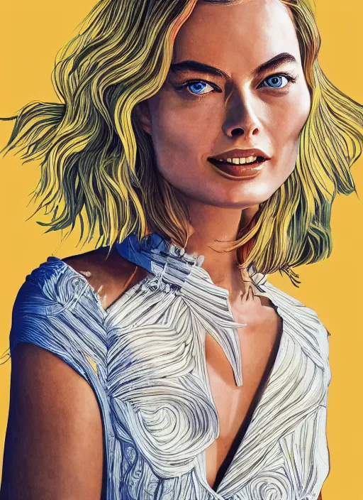 Image similar to Liang Huatao detailed Illustration of beautiful Margot Robbie in a Solarpunk blouse, accurate anatomy, abstract sun in background, shiny soft skin, soft lighting, sharp details, warm colors, studio portrait, 35 mm film, subsurface scattering, lens flare