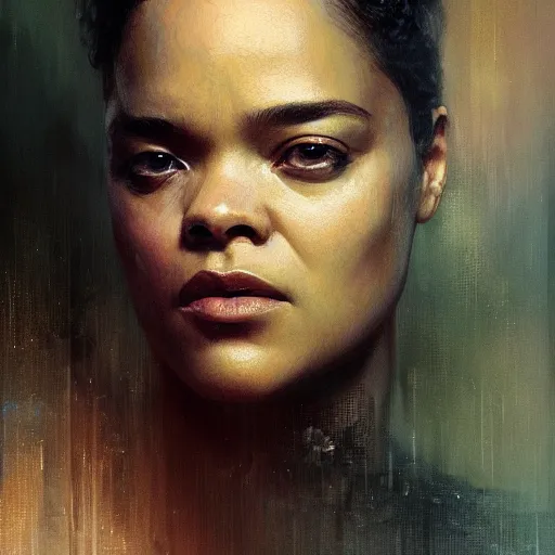 Image similar to tessa thompson, hyperrealistic portrait, bladerunner street, art of elysium by jeremy mann and alphonse mucha, fantasy art, photo realistic, dynamic lighting, artstation, poster, volumetric lighting, very detailed face, 4 k, award winning