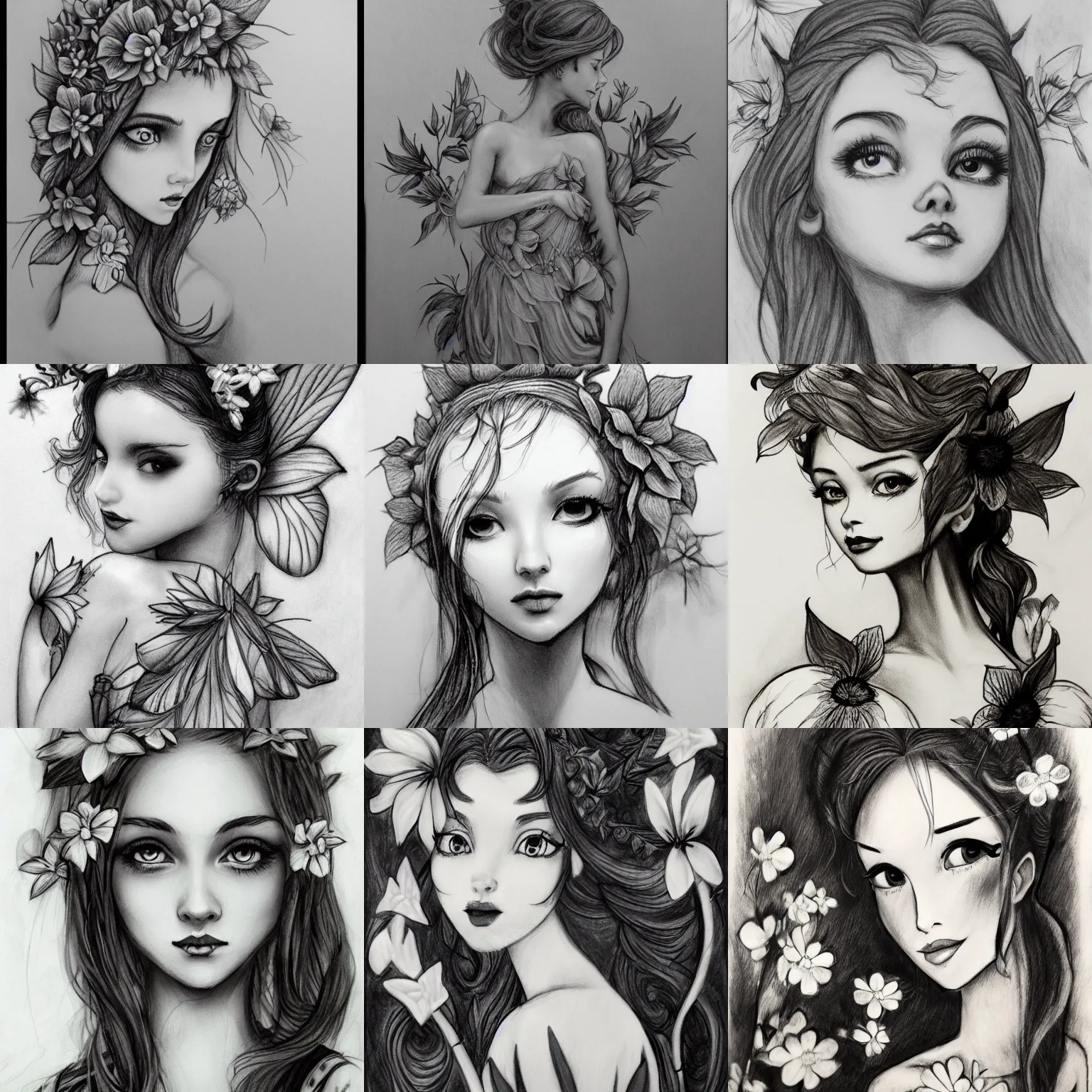 Prompt: a flower fairy, charcoal drawing, black and white, ink and paper, portrait, trending on artstation, behance, deviantart, drawn by tom lovell, artgerm, jsc, j. scott campbell