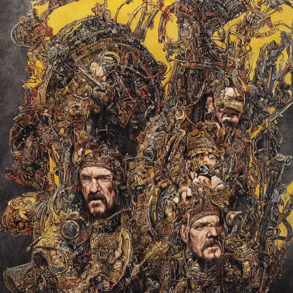 Prompt: A dramatic full-color art nouveau and tribal scandinavian styled bust panorama portrait of lemmy kilmister as a tarnished panzer tank ship god-king of the universe, hyperdetailed mixed media artwork combining the styles of Travis Charest, Michael Whelan, Bill Sienkiewicz, Duncan Fegredo, Simon Bisley, Alphons Mucha, Dave McKean and Karol Bak, vast power, stoicism, pessimism, confidence, perfectly symmetrical facial features, 8k, deeply hyperdetailed, cinematic lighting, realistic mechanical details, 8k, UHD, HDR