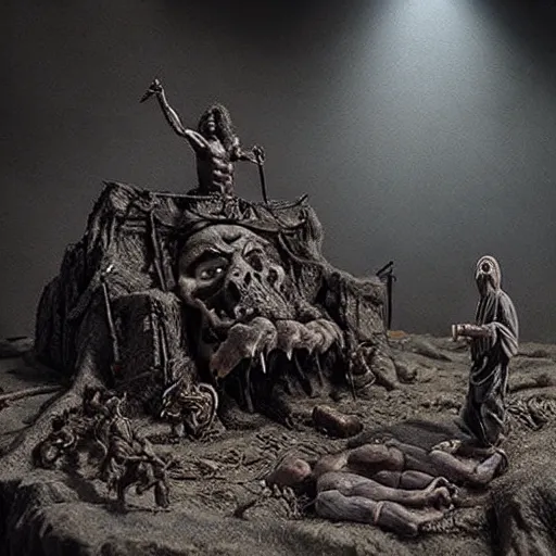 Image similar to the bible apocalypse, extremely detailed claymation art, extremely realistic, dark, moody, foggy