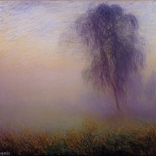 Image similar to willow trees in a misty field at daybreak, atmospheric, by turner and monet