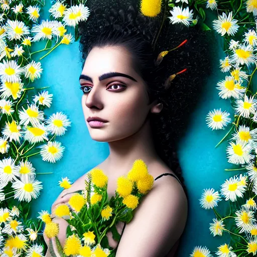 Prompt: a beautiful intricate fine art portrait photo of an indian cyborg with bionic implants on the face, epic curly hair spread out around her lined with beautiful yellow hibiscus, lying on a bed of daisies, by natalie shau and james christensen, masterpiece!, top view, studio lighting, golden ratio composition, 5 0 mm lens, deep depth of field, artstation, 8 k