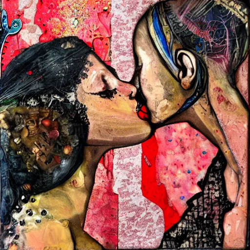 Image similar to mixed media collage of two women kissing, highly detailed, oil paint and canvas texture, punk expressionism