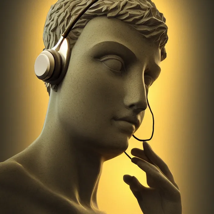 Prompt: stoic statue wearing headphone, vaporwave, aesthetic, naturel, symmetrical face, hyper detailed, digital sculpture, trending in artstation, cinematic lighting, studio quality, smooth render, unreal engine 5 rendered, octane rendered, art style by klimt and nixeu and ian sprigger and wlop and krenz cushart