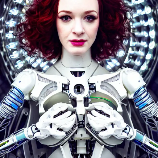 Image similar to beautiful centered Fine art photo portrait of Christina Hendricks as a solarpunk robotic humanoid, white mechanical parts with led lights, photorealistic, white background, highly detailed and intricate, suns lighting, HDR 8k