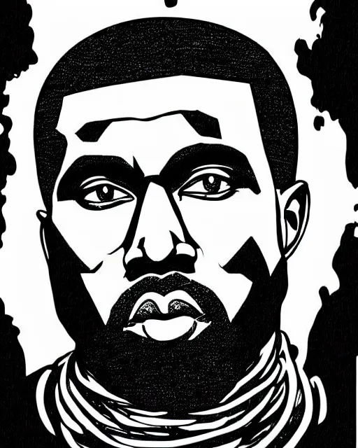 Image similar to Manga black-and-white comic book cross-hatching illustration of Kanye West on black background, fading in to the black background, darkness surrounding his body