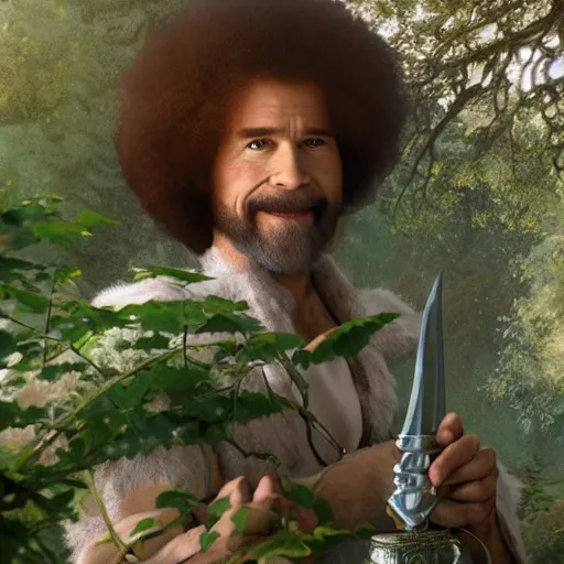 Prompt: an ultra detailed matte painting of bob ross dressed as a wandering elf druid, silver hawk animal companion, d & d, fantasy concept art by alphonse mucha and greg rutkowski, octane render, 8 k, detailed face