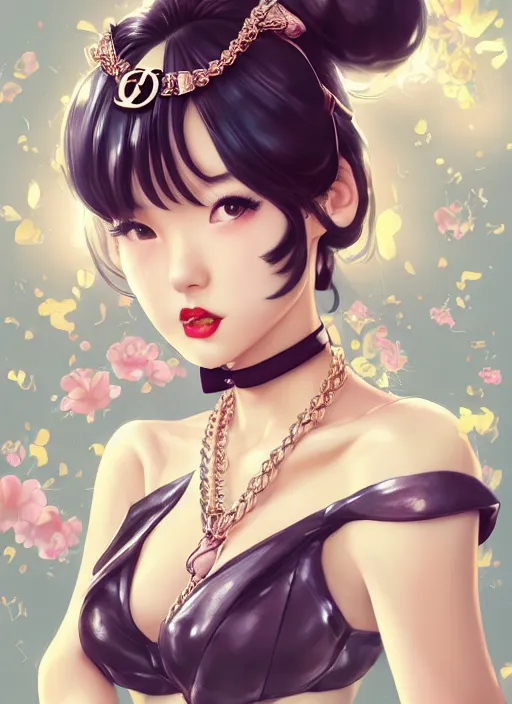 Image similar to a pin up and beautiful fashion dreamlke japan girl with lv jewelry, character art, art by artgerm, wlop, loish, hyperdetailed, 8 k realistic, symmetrical, global illumination, radiant light, frostbite 3 engine, cryengine, dof, trending on artstation, digital art, chanel, dior, detailed background