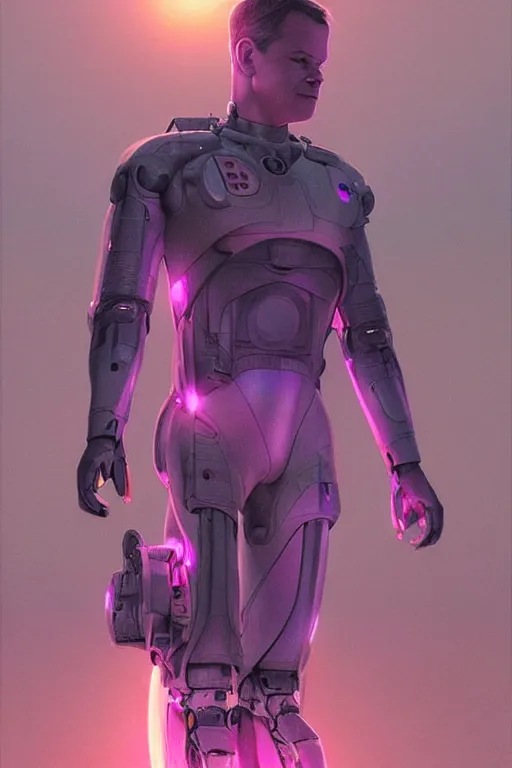 Image similar to matt damon robotic clothes in the beach purple sun, pink lighting ultra realistic photorealistic highly detailed high quality, a stunningly, digital painting, artstation, concept art, smooth, sharp focus, illustration, art by artgerm and greg rutkowski and alphonse mucha 8 k