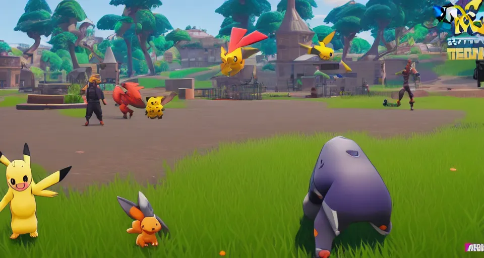 Image similar to pokemon in Fortnite, super wide shot, trending on artstationhq