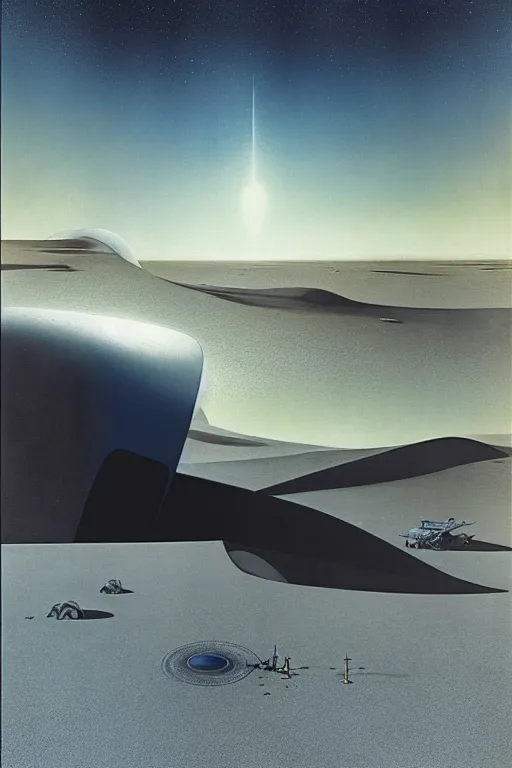 Image similar to emissary space by arthur haas and bruce pennington and john schoenherr, cinematic matte painting, zaha hadid building, photo realism, dark color palate, blue hour stars, desolate desert landscape,