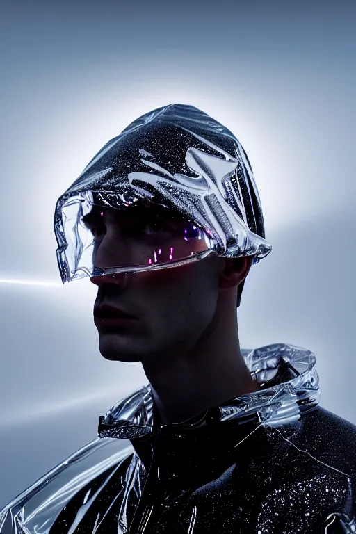 Image similar to an ultra high definition professional high fashion portrait studio full length photograph of a male model wearing a transparent pearlescent raincoat and neon visor in an icelandic black rock environment at dawn. no artefacts. extremely detailed. stark. refraction. shallow depth of field. volumetric light and shadow. ray tracing. light rays.