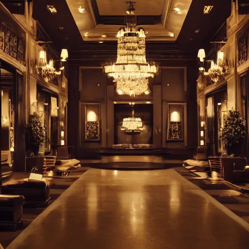 Image similar to upscale mysterious private auction, unnameable relics on display, moody lighting, extravagant details, lobby in the distance, elite