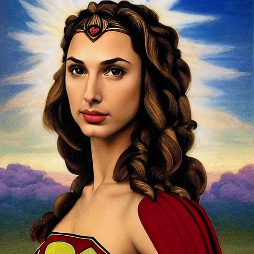 Prompt: Head and shoulders masterpiece portrait oil painting of the beautiful goddess Gal Gadot as Supergirl, she is wearing roman clothes and a surreal jewelry, her hair is natural disheveled, she is approaching heaven over the clouds, naturalism, dramatic lighting, high-detailed oil painting by Ilya Repin, Michelangelo da Caravaggio, William Blake, Alex Grey and Beksinski, trending on Artsation, hystorical painting, naturalism, masterpiece, 4k, 8k,