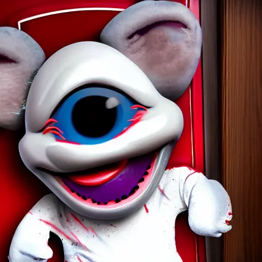 Prompt: horror creepypasta chuck E cheese breaking into room, hyperrealistic blood and eyes