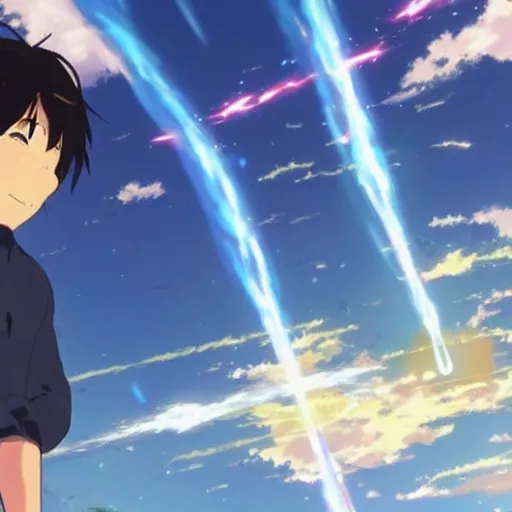 Image similar to Makoto Shinkai drawing himself in the movie Your Name