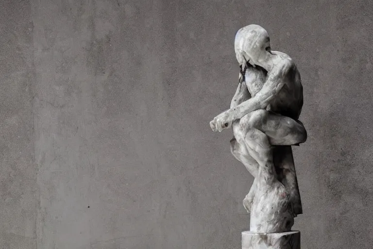 Prompt: a sculpture of a person sitting on top of a chair, a marble sculpture by nicola samori, behance, neo - expressionism, marble sculpture, apocalypse art, made of mist 1 2 3 4 9