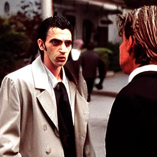 Image similar to scene from martin scorcese's / the outfit /, a supernatural mafia crime thriller about magical monster - hunting mafiosi in 9 0 s philadelphia. in this scene the main character talks to a vampire. realistic hd 8 k film photography.
