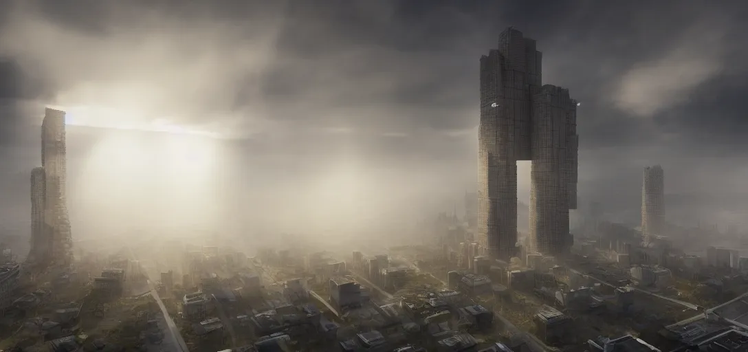 Image similar to dramatic view of giant cuboid megatropolis structure at day, giant towering pillars, colored fog,, unreal engine, dramatic lighting, detailed, ambient occlusion, global illumination, god rays, 3 d artstation render by annibale siconolfi and paul chadeisson
