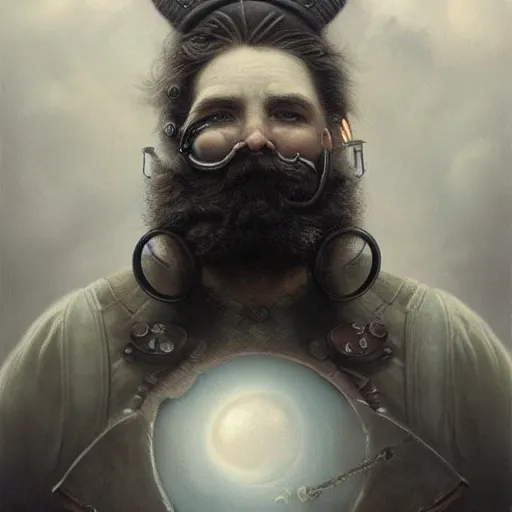 Image similar to By Tom Bagshaw, ultra realist soft painting of gloomy universe by night, steampunk Dwarf smile beard, symmetry accurate features, very intricate details, ominous sky, black and white, volumetric light clouds