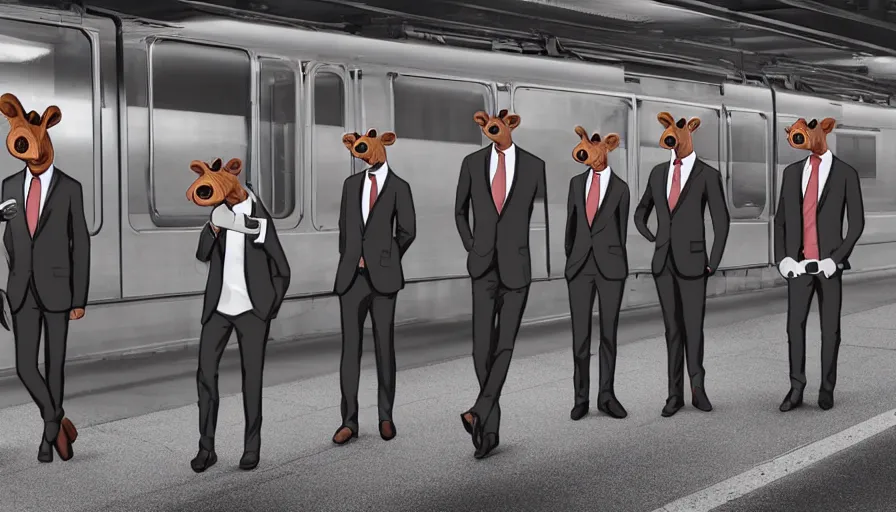 Image similar to anthropomorphic rats in suits waiting for the train, photorealistic rendering, concept art