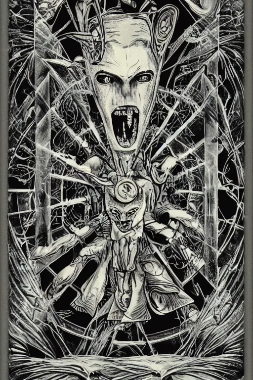 Prompt: digital collage of tarot, occult, comic book art style, grey aliens, typography, ufos, vintage, apocalyptic, hr giger, ghosts, demons, supernatural, sci - fi, technology, gnosticism, japanese art, surrealism, psychedelic