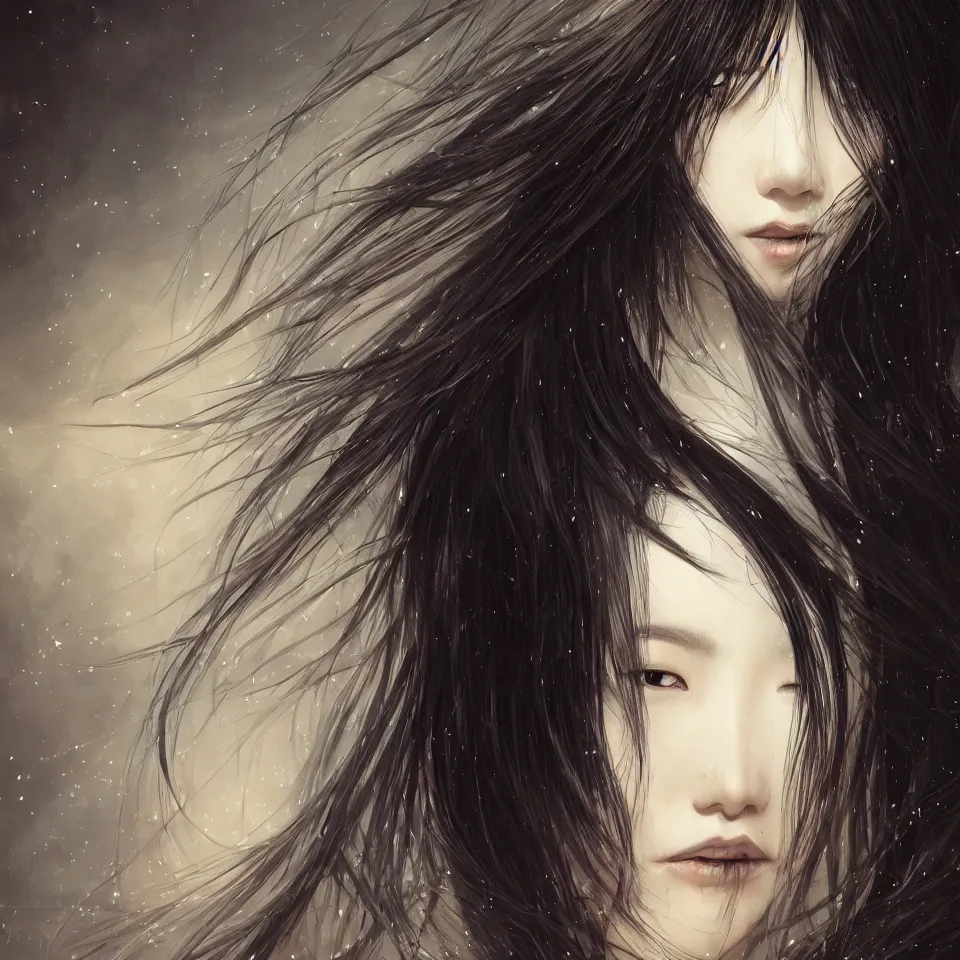 Image similar to a beautiful detailed photography illustration of an attractive japanese female with long black hair covering part of her face, centered, glamour portrait from the waist up, by karol bak and beeple, trending on artstation and deviantart and behance, extreme detailing, dim dusk lighting, cinematic lighting, detailed lighting, volumetric lighting, realistic, f 8, 4 k hd wallpaper