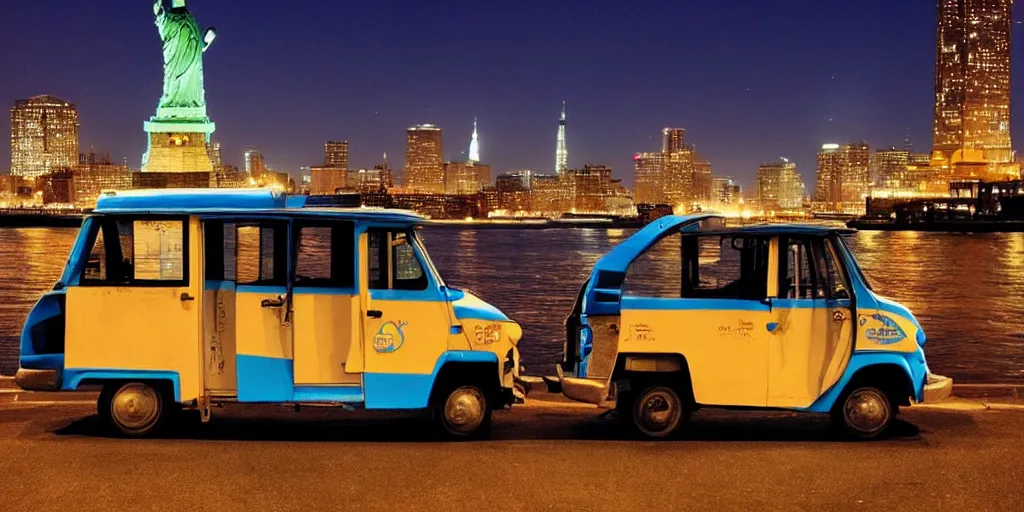 Image similar to a lonely blue tuk tuk with the statue of liberty in the background, night, full color