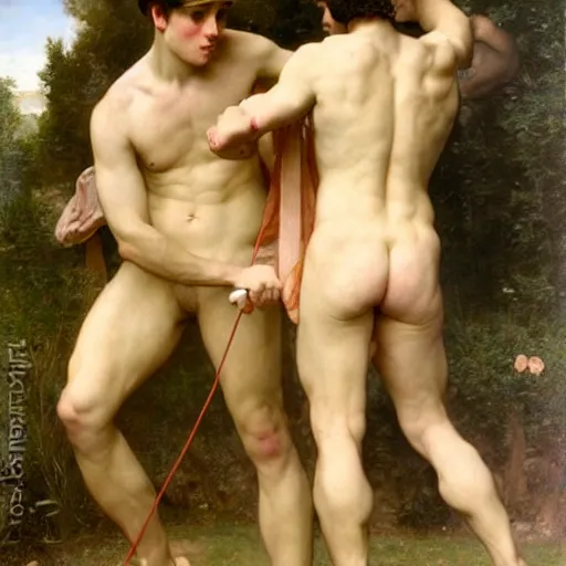 Image similar to pre - raphaelite athletic males wearing headset by bouguereau