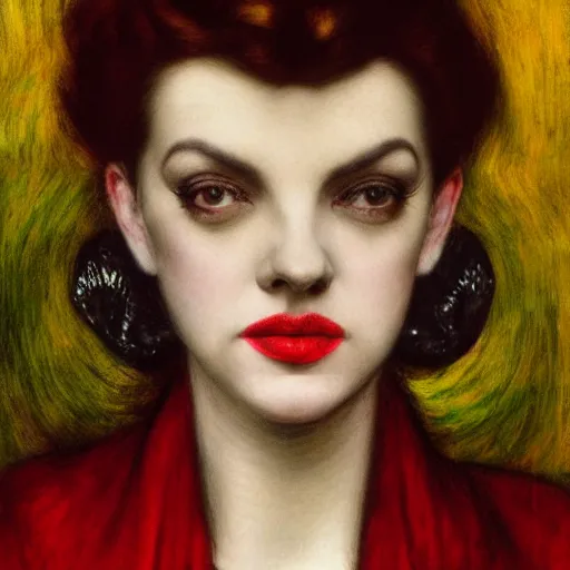 Prompt: portrait of a hybrid of judy garland and lady gaga, brown fringe, full lips, large downslanted eyes, holman hunt, john william waterhouse, kilian eng, rosetti, john everett millais, william holman hunt, 4 k