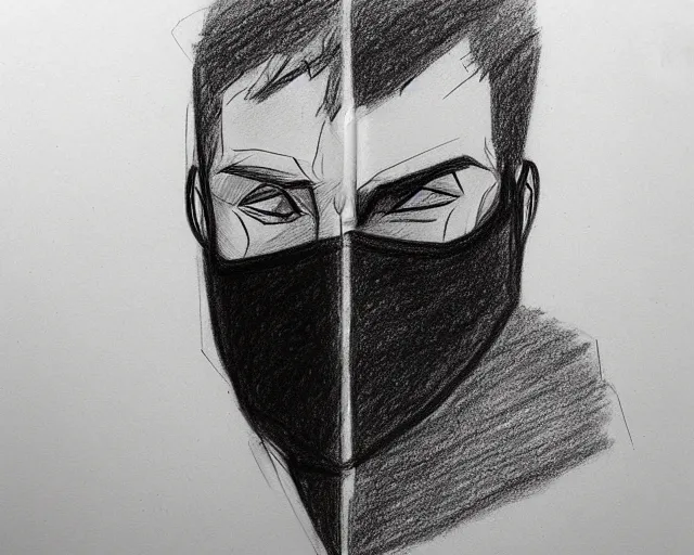 Image similar to draft drawing of a european man covering face with mask, draft sketch, thin stroke, trending on artstation, context art, pencil sketch, high detail