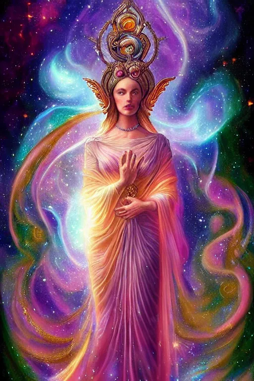 Image similar to Full view realistic ethereal stunning Immortal Gods of cosmic nebula in a beautiful dress, 4k digital painting masterpiece, ornate Iconography background in the style of Barbara Meiklejohn-Free & Flavia Kate Peters, tarot card, cool, magnificent, mystical, Hyperdetailed, award winning art, , wlop, Pinterest, detailed and realistic, soft lighting, intricate details, realistic, full view, Artstation, CGsociety