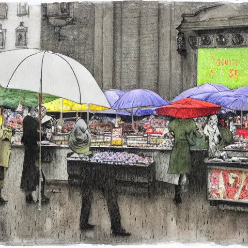 Prompt: pencil and pen drawing of a food market festival by banksy and monet. Street photography. Watercolor finishing. rainy day.