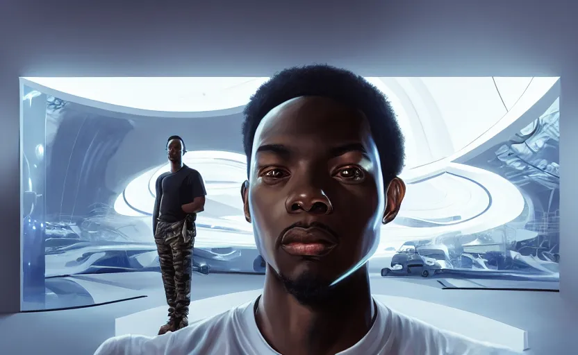 Prompt: portrait of handsome black genius wearing a white t - shirt and camo cargo pants in front several curved holographic displays, luxury condo interior, elegant atmosphere, glowing lights, highly detailed, digital painting, artstation, concept art, smooth, sharp focus, illustration, art by wlop, mars ravelo and greg rutkowski