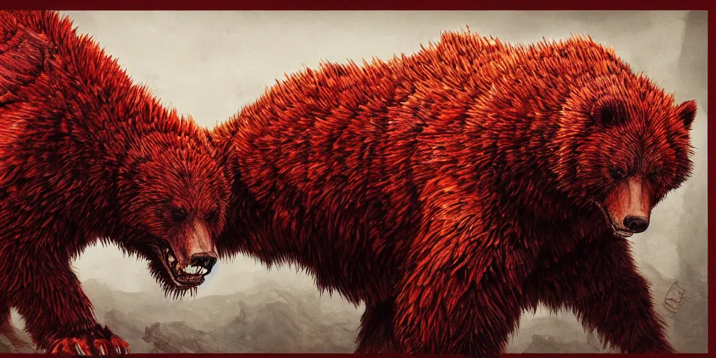 Image similar to Crimson red draconian grizzly bear character design sheet, Monster Hunter Illustrations art book, scaly, demonic, reptilian, white stripes all over its body, Moebius, Greg Rutkowski, Zabrocki, Karlkka, Jayison Devadas, Phuoc Quan, trending on Artstation, 8K, ultra wide angle, zenith view, pincushion lens effect.