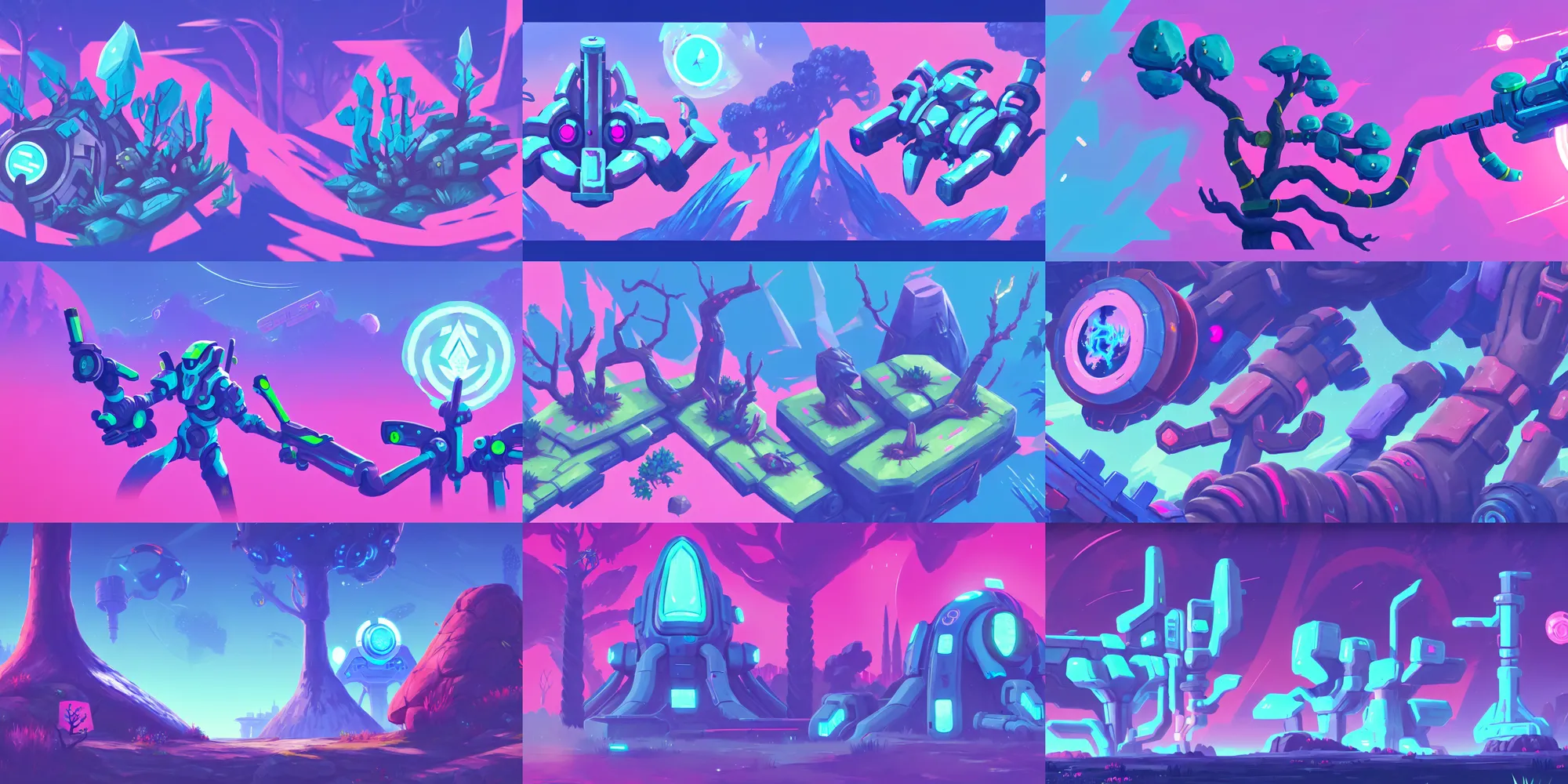 Prompt: game asset of plant and tree, in gouache detailed paintings, props, stylized, png, arcane, overwatch, blue and pink color scheme, futuristic, no mans sky, sci - fi, 8 k, close up