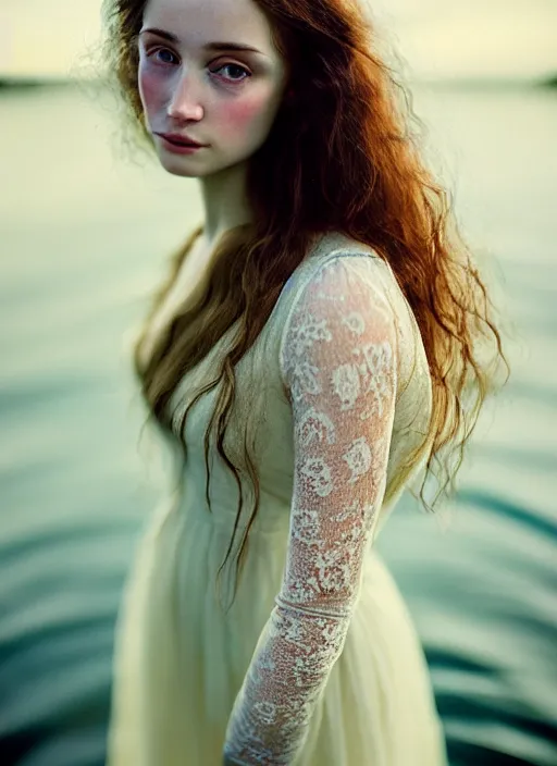 Image similar to Kodak Portra 400, 8K, soft light, volumetric lighting, highly detailed, britt marling style 3/4, portrait photography of a beautiful woman how pre-Raphaelites, half face in the water, ,a beautiful lace dress and hair are intricate with highly detailed realistic beautiful flowers , Realistic, Refined, Highly Detailed, natural outdoor soft pastel lighting colors scheme, outdoor fine art photography, Hyper realistic, photo realistic