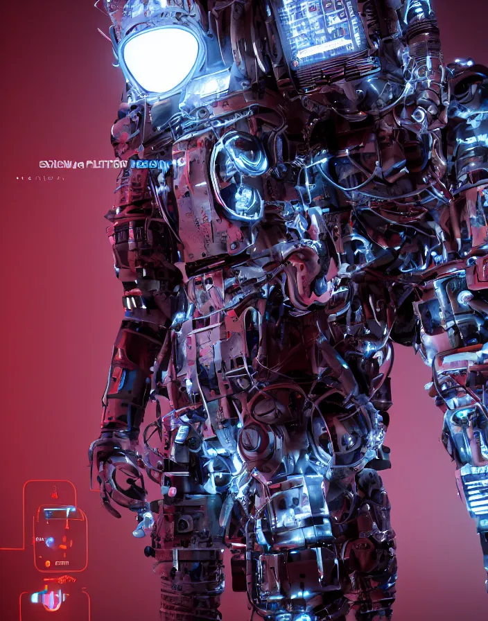 Image similar to full body portrait photo of american exosuit with digital led indicators, thin neon lighting, portrait photo, intricate details, ultra realistic, unreal engine 5, depth of field, bokeh, octane render, 8 k hd