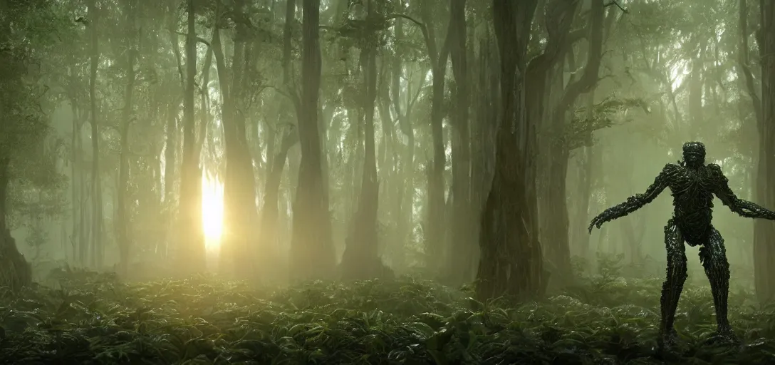 Image similar to a complex organic fractal 3 d metallic symbiotic ceramic humanoid megastructure creature in a swampy lush forest, glowing eyes, foggy, sun rays, cinematic shot, photo still from movie by denis villeneuve, wayne barlowe