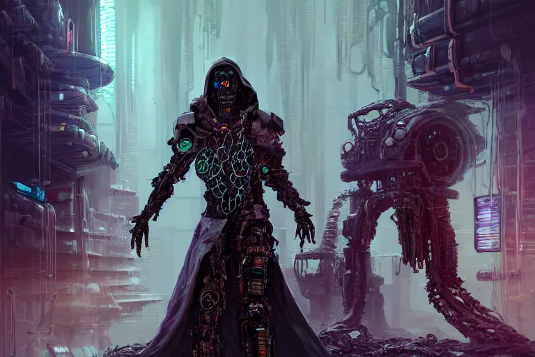 Image similar to ultra realistic illustration, a futuristic cyberpunk damaged necromancer cyborg wearing a cloak working on creating magical potions in an underground lair, hot potions in vials in background, rotting creatures on the shelf, cyberpunk, sci - fi, fantasy, intricate, elegant, highly detailed, digital painting, artstation, concept art, sharp focus, art wadim kashin