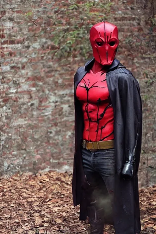 Image similar to red hood cosplay, creepy, disturbing, bloody