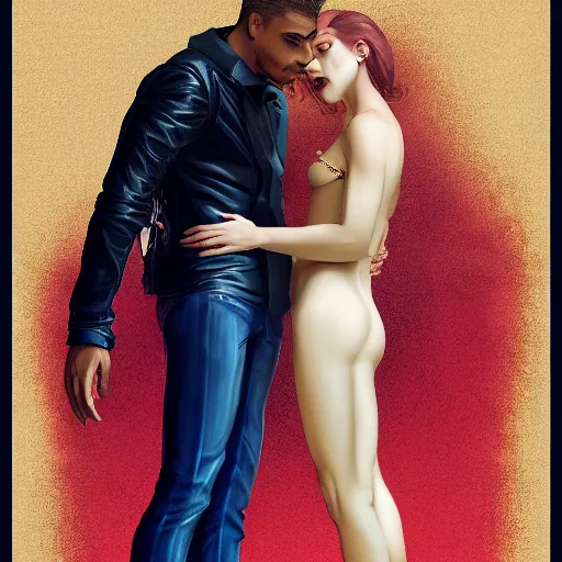 Image similar to man and woman in pose of couple vol 2 photo reference pack for artists, spirit hugs, gold trim, atmoshperic, elegant, sharp focus, huge lips, poses by satine zillah, environment by hw 6 5 2 3, art by ilya ozornin, artstation, intricate details, concept art
